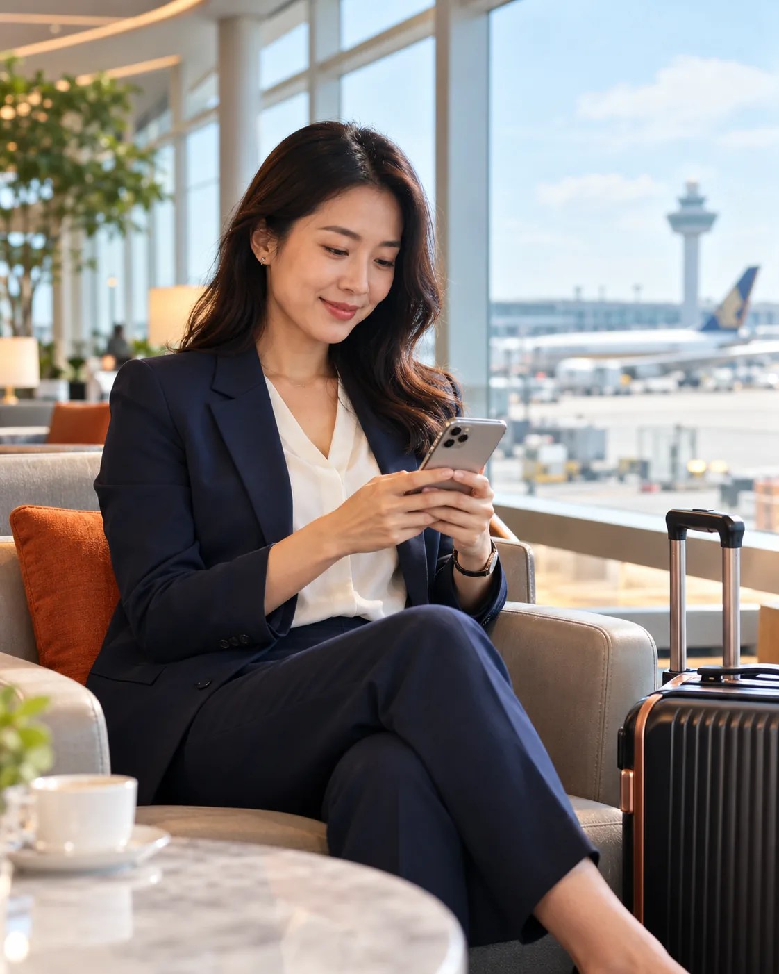商務旅客在機場候機室使用智能手機